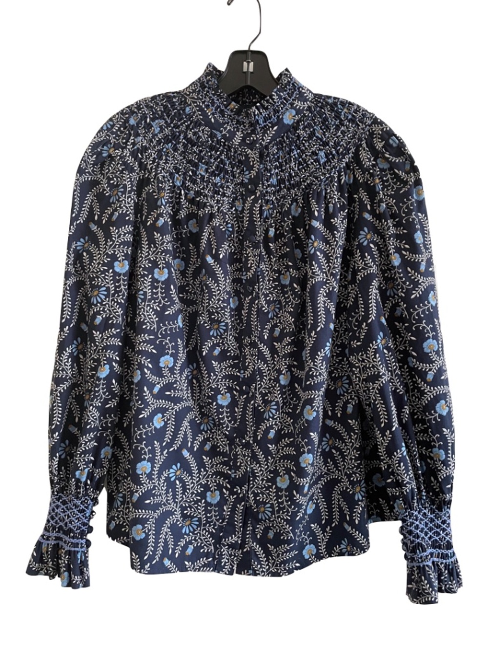 Andion Amelia Blouse Hand Smocked Blue Floral Button Up Top